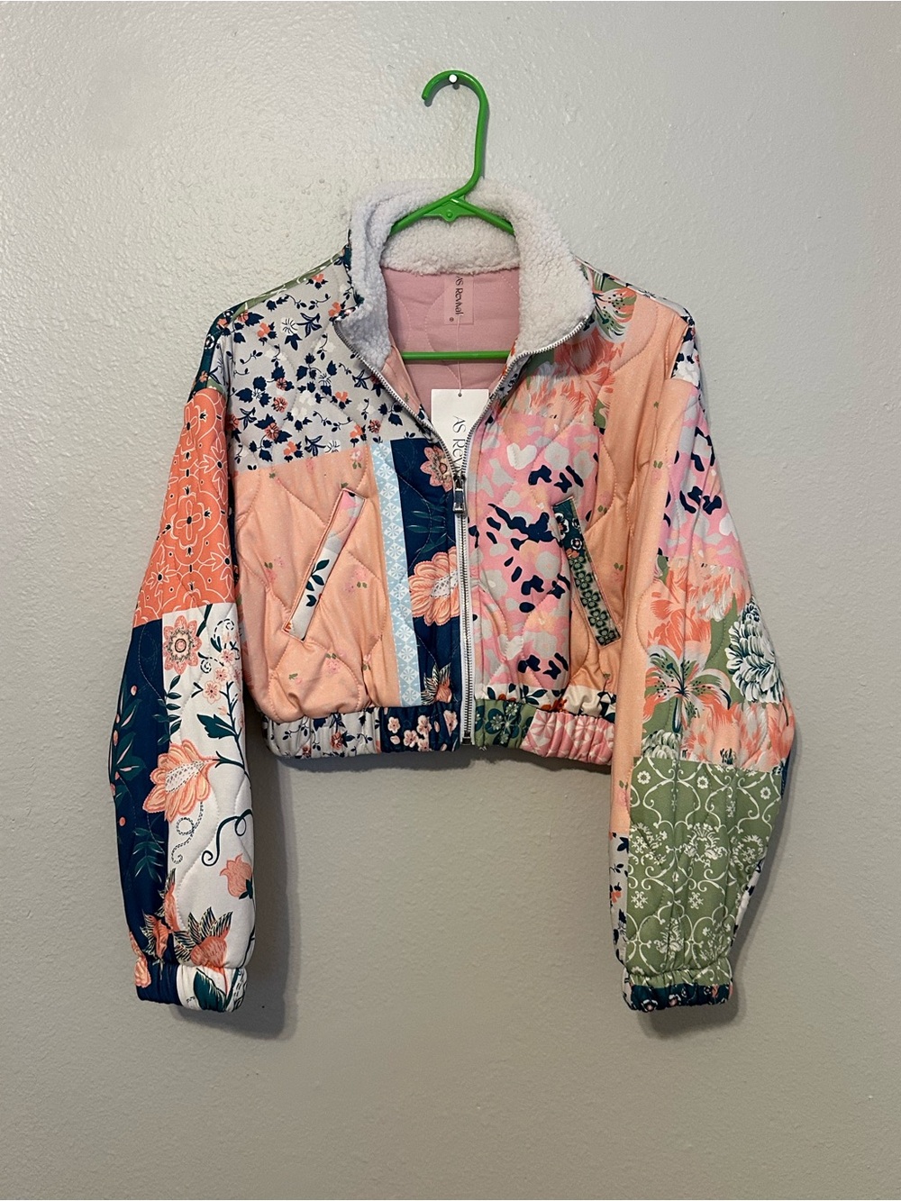 Patchwork Floral Sherpa-Lined Cropped Bomber Jacket - Pink Multi